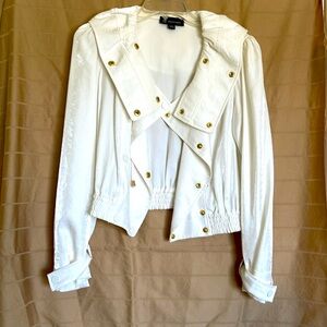 NWOT INC White Metallic Coated Cropped Cinched Waist Jacket, Size S, Fits M.